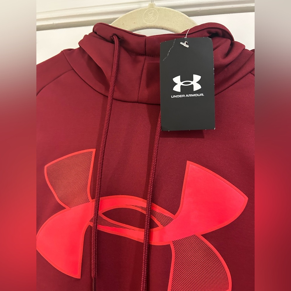 NWT Under Armour Armour Maroon Fleece Big Logo Hoodie Men’s Size S Sweatshirt - Picture 3 of 8